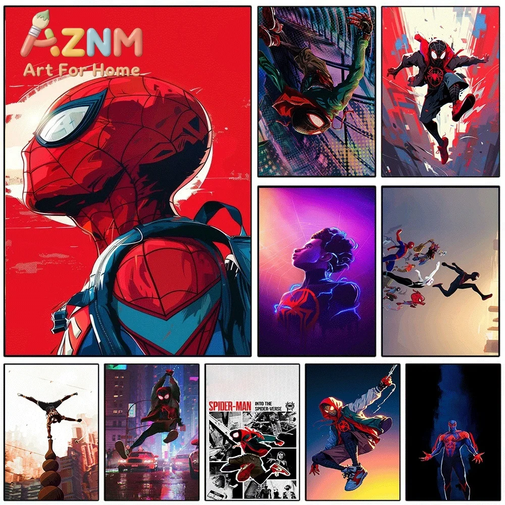Spider Man Into The Spider Verse Miles Morales Red Background Portrait Marvel Superhero Canvas Wall Art No Frame Canvas Painti