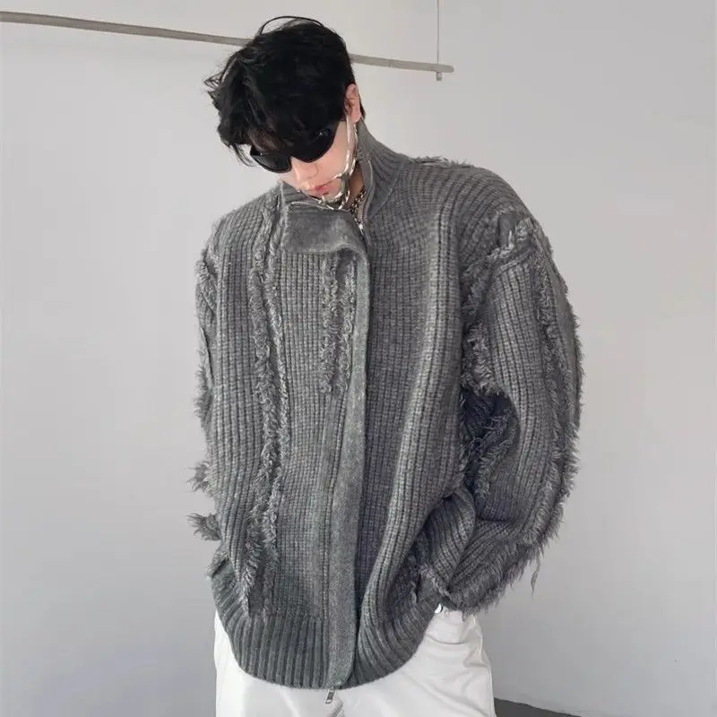 2024 winter new Korean casual retro cardigan knitted jacket with tassel design for men and women stand up collar sweater y2k