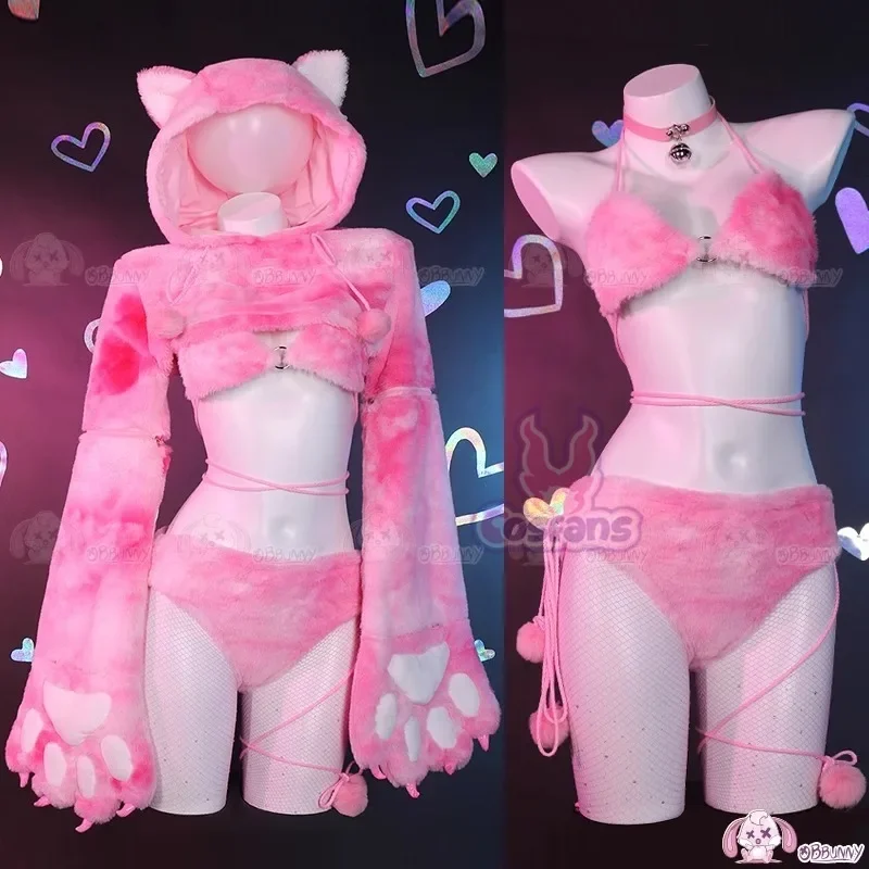 Women sexy lingerie set pink cat style furry paw top & panty with paws fishnet stockings Halloween sexy lingerie blue furry hood