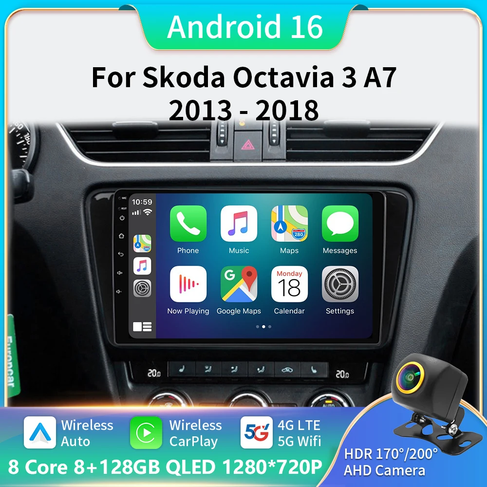

For Skoda Octavia 3 A7 2013 - 2018 Android 16 Carplay Auto 5G+WIFI GPS Car Radio Navigation Multimedia Video Player Stereo BT