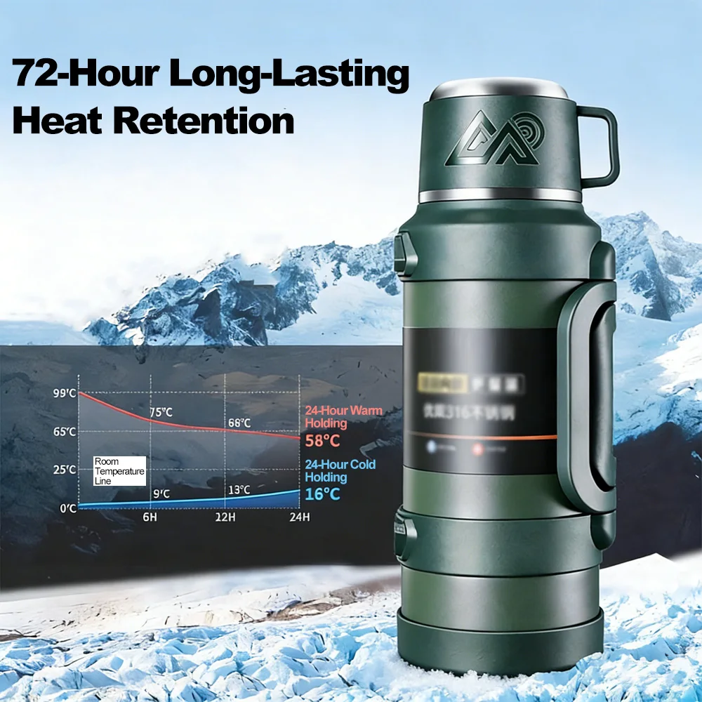 Large Capacity Thermal Water Bottle, Insulated Vacuum Flask for Car, Home, Outdoor & Travel, Portable with Carry Strap & Handle