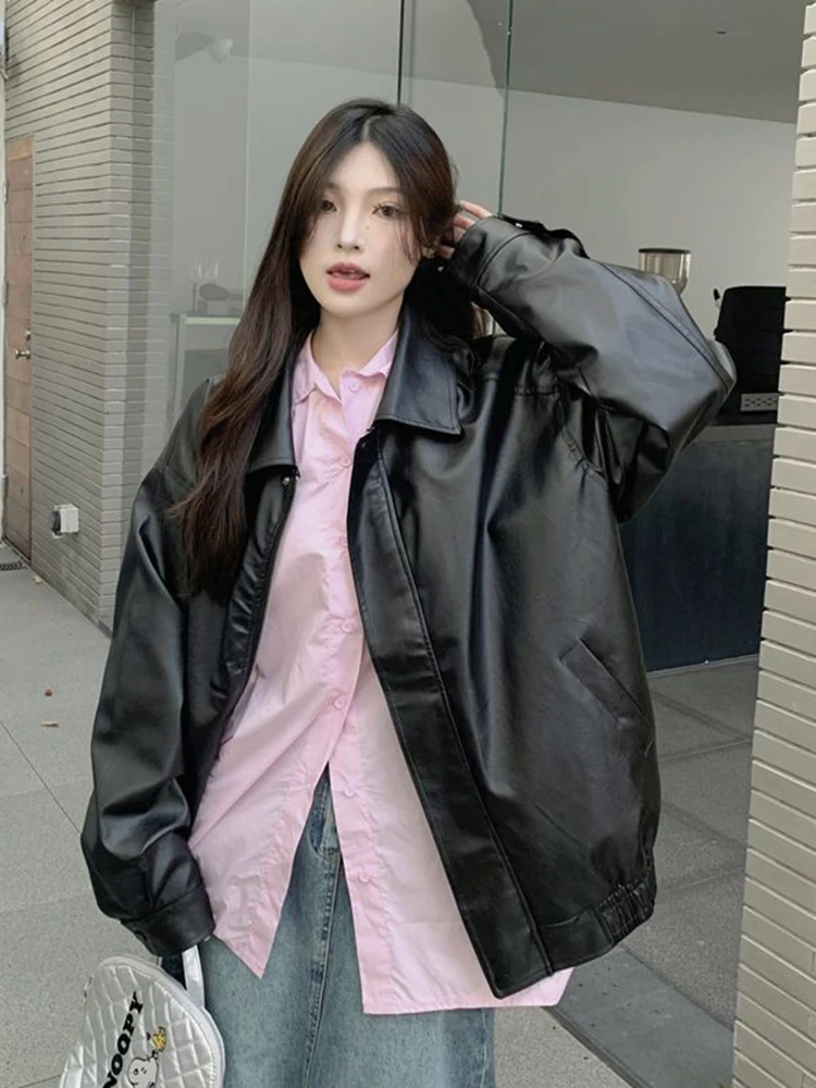 سترة نسائية من البولي يوريثان بتصميم عتيق لراكبي الدراجات النارية الأمريكية ملابس خروج فضفاضة بأكمام طويلة معطف هاراجوكو لخريف وشتاء ملابس علوية نسائية غير رسمية عالية الجودة جديدة #5