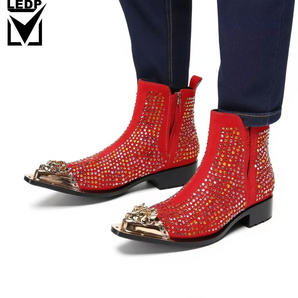 Glittering Rhinestone Suede Men's Boots Trendy Stage Performance Style Attention-Grabbing Personality Professional Atmosphere