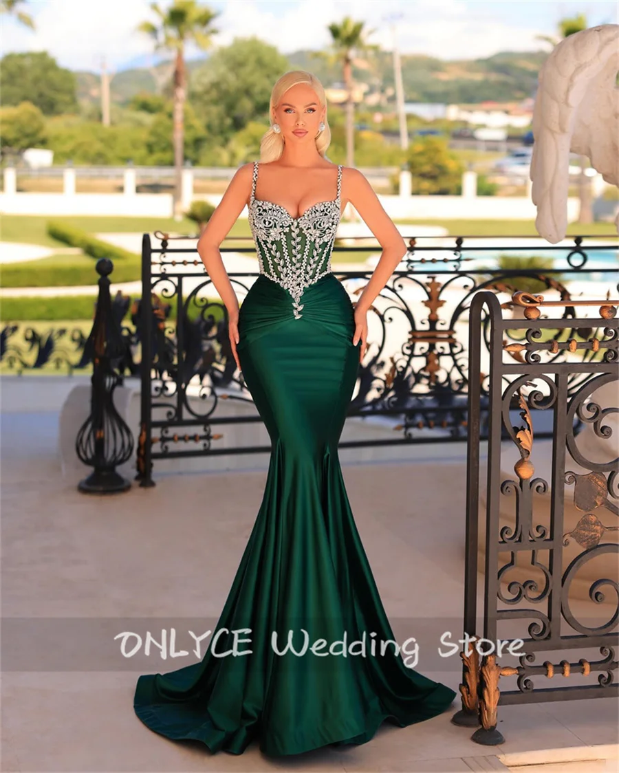 Luxury Green Evening Dresses Straps 2024 Beading Crystal Diamonds Wedding Reception Party Prom Gowns Vestidos