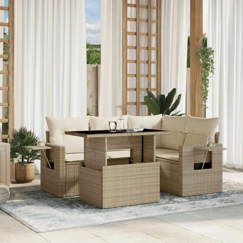 

5 Piece Outdoor Patio Sofa Set with Cushions Beige Wicker Rattan Furniture