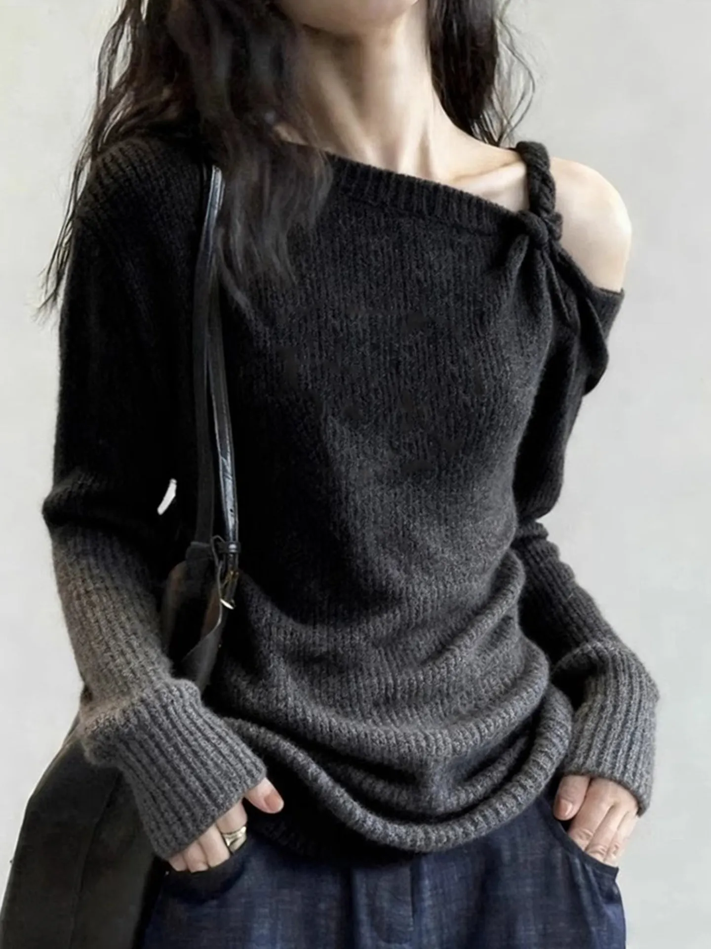 Women Sweater 2026 UniqueWomen Gradient Twisted Off Shoulder Knit Top Slim Fit Basic Shirt For Autumn Winter Knitting Sweater