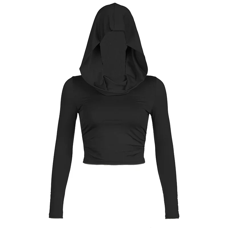 Fashion Hooded Women Crop Tops 2025 Elegant Long Sleeve T-shirt Spring Y2k Slim Fit Blouse New Streetwear Solid Color Short Top