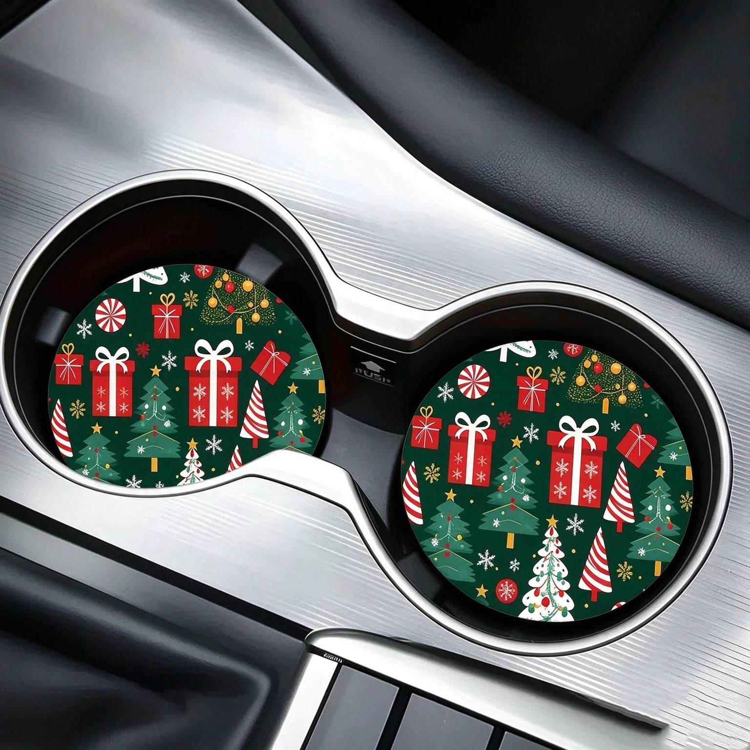 8/4 Piece Set 2D Flat Printed Christmas Tree Forest Christmas Gift Car Coasters Nordic Forest Coasters Non-Slip High-Value Car Coasters Christmas Gifts