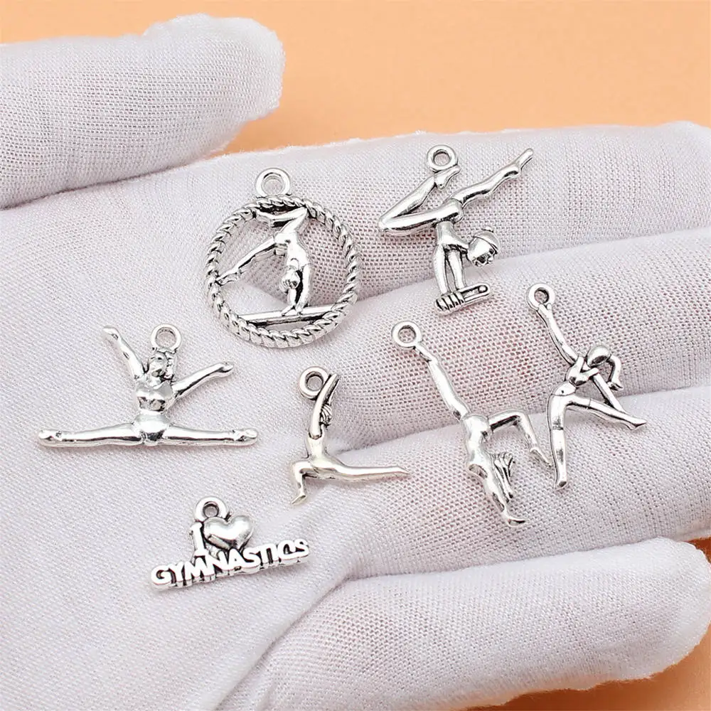 7pcs/lot Antique Silver Color Gymnastics Charms Collection For Jewelry Making Pendant