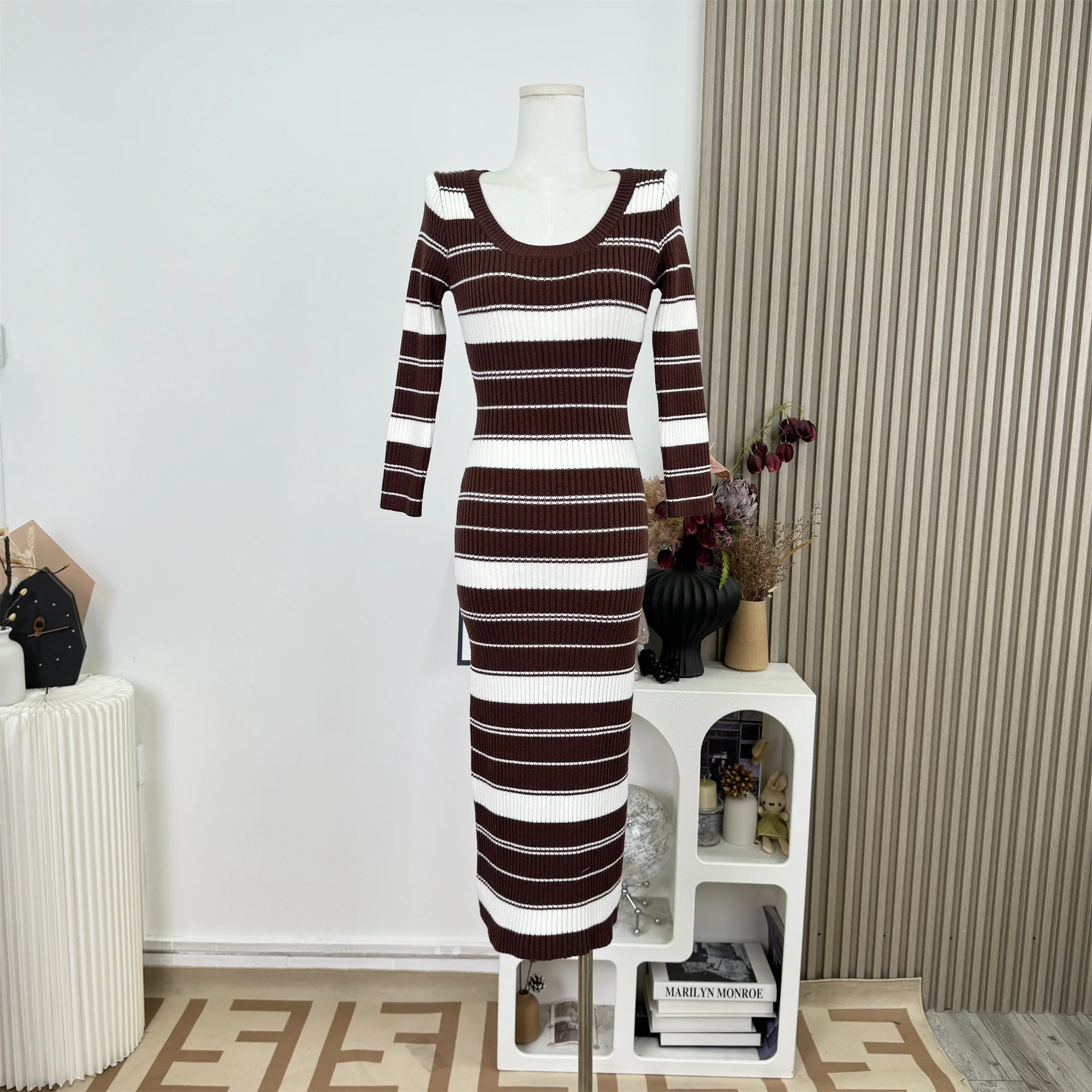 الخريف الربيع المرأة كسول نمط محبوك فستان طويل الأكمام عالية الخصر Bodycon فستان الشارع نمط مخطط تريكو F490