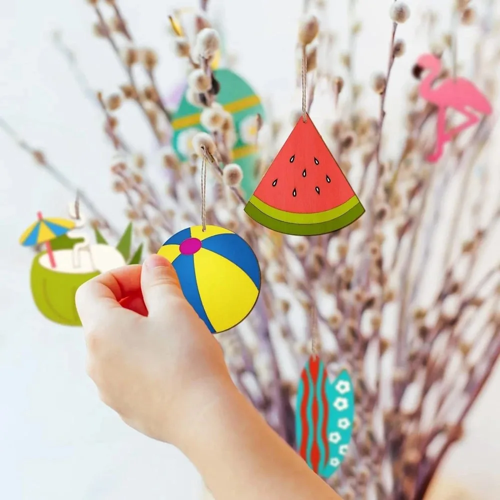 

2026 Wooden Flamingo Pineapple Ornaments Summer Party Hanging Craft for Kids Pool Party Decorations DIY Painting Gifts Supplies