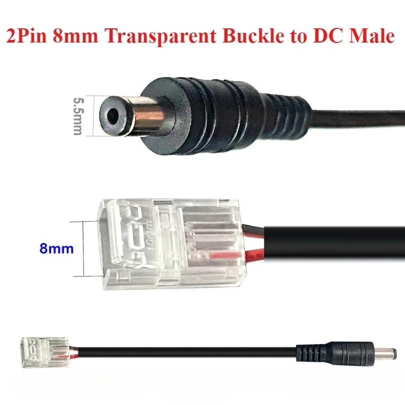 5Pcs DC5.5*2.1mm Male/Female head to 2/3/4/5/6Pin 8/10/12mm COB LED Strip Connector Solderless Crystal Transparent Clasp Conn