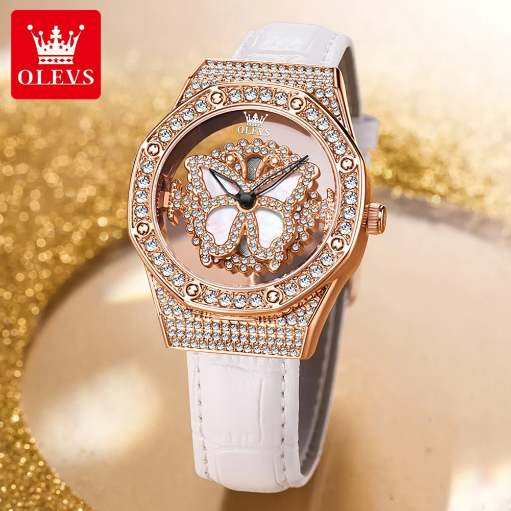 OLEVS Original New Quartz Watch for Women Luxury 3D Rotation Dial All Diamond Ladies Wristwatch Elegant Leather Stra Girls Watch