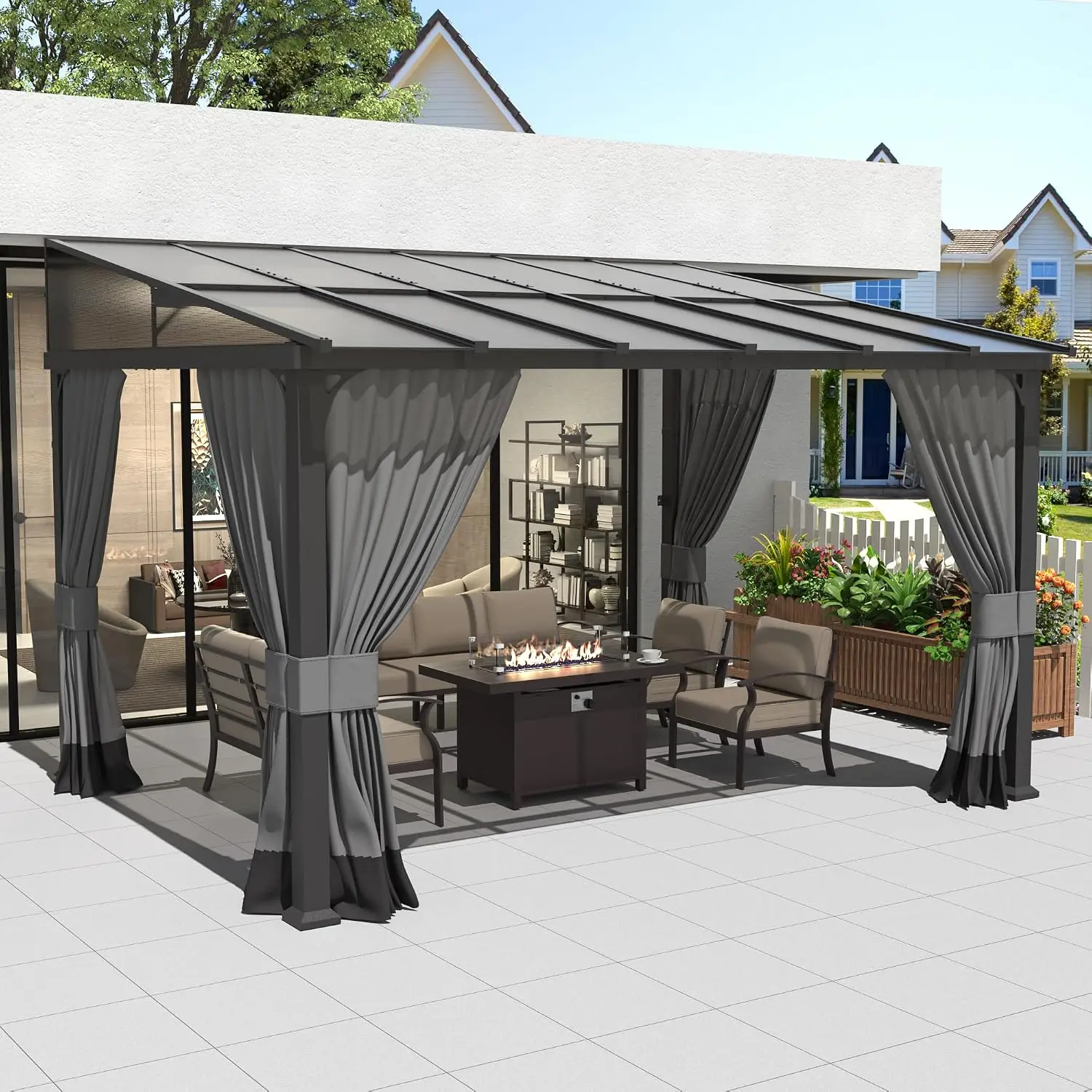 10’ x 12’ Wall Mount Gazebo Outdoor Pergola, Hardtop Lean to Gazebo Canopy Awnings with Sloped Roof and Sturdy Steel Frame, for