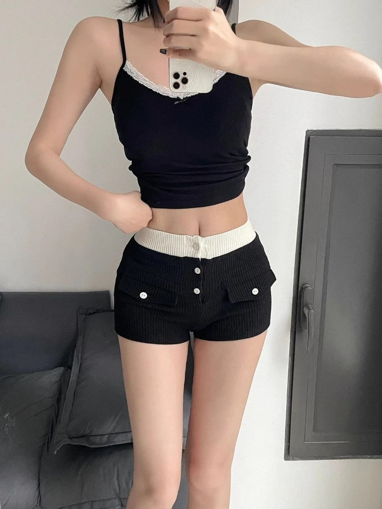 Sassy Waist Color Contrast Low Rise Fitted Stretchy Shorts Women Summer Casual Wear
