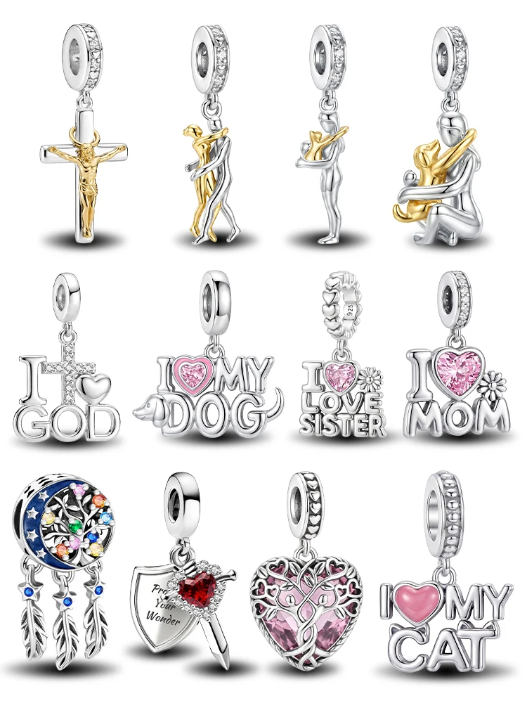 925 Sterling Silver Mother Daughter Couple Dog Cat Hug Series Charm Pendant for Bracelets DIY Women's High Quality Fine Jewelry
