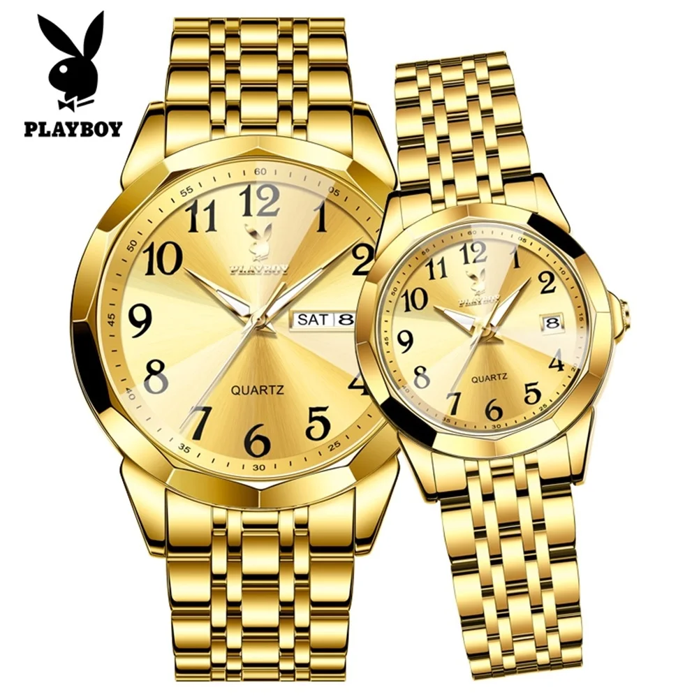 PLAYBOY 3532 Original Quartz Movement Simple Couple Watches Steel Bracelet Luminous Function 30m Waterproof Stylish Watches