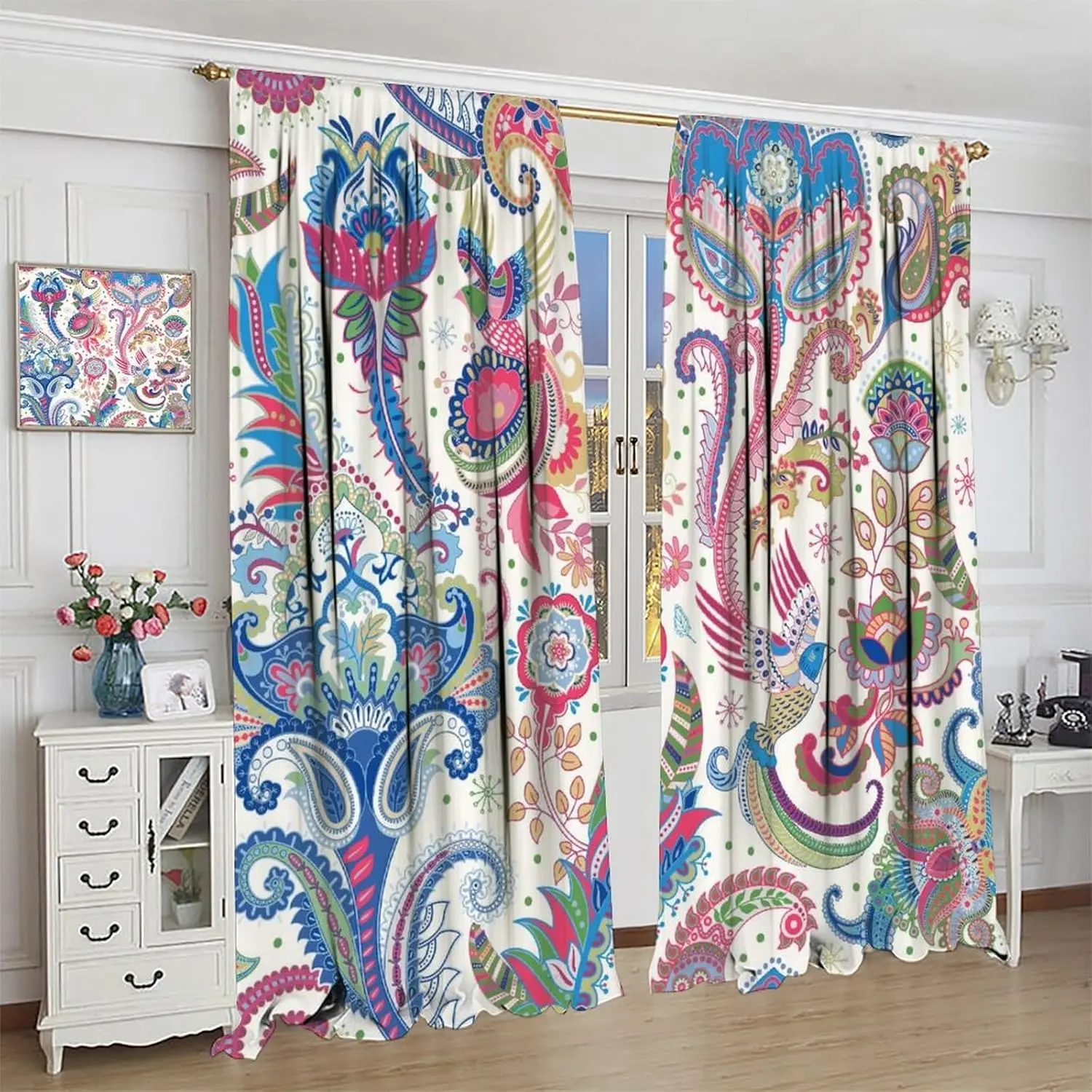 Boho Colorful Floral Curtains, Vintage Tribal Ethnic Abstract Paisley Mandala Pattern Print Insulated Curtains Bedroom Blackout