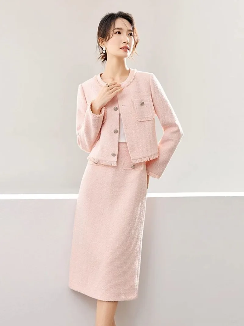 New High End Small Fragrance Tassel Women's Suit FashionAutumn Elegant Long Sleeve O-neck Jacket + Slim Midi Skirt Two Piece Set