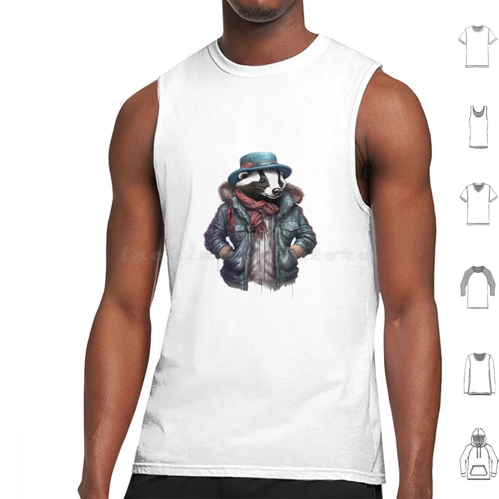 Badger Wearing A Jackets Cap And A Scarf Tank Tops Print Cotton Badger Cute Adorable