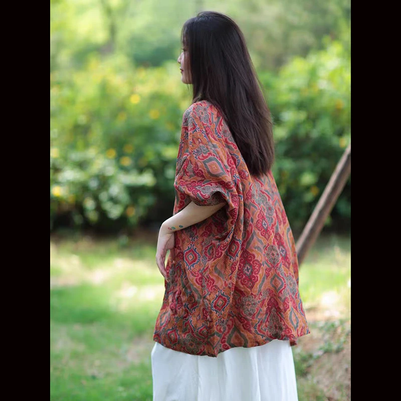 春夏中国風の女性長袖ルーズブラウスコート良質ラミーシングルブレストプリントヴィンテージシャツ TJ44
