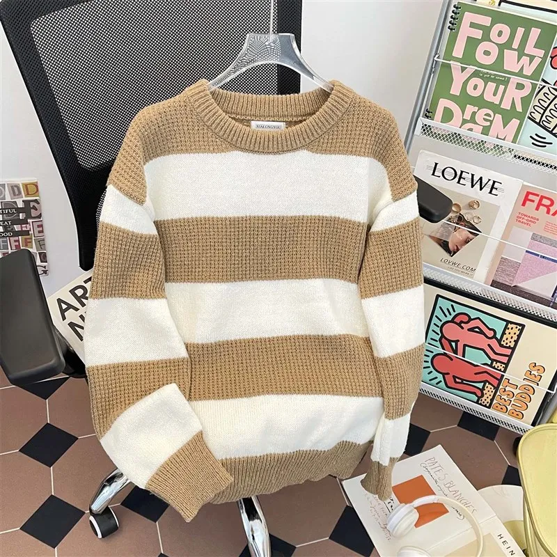 

Men's Autumn Winter Stripe Knitwear round Ne Loose Warm School Sle Versatile Vintage Knitted Sweater Casual Loose Fit