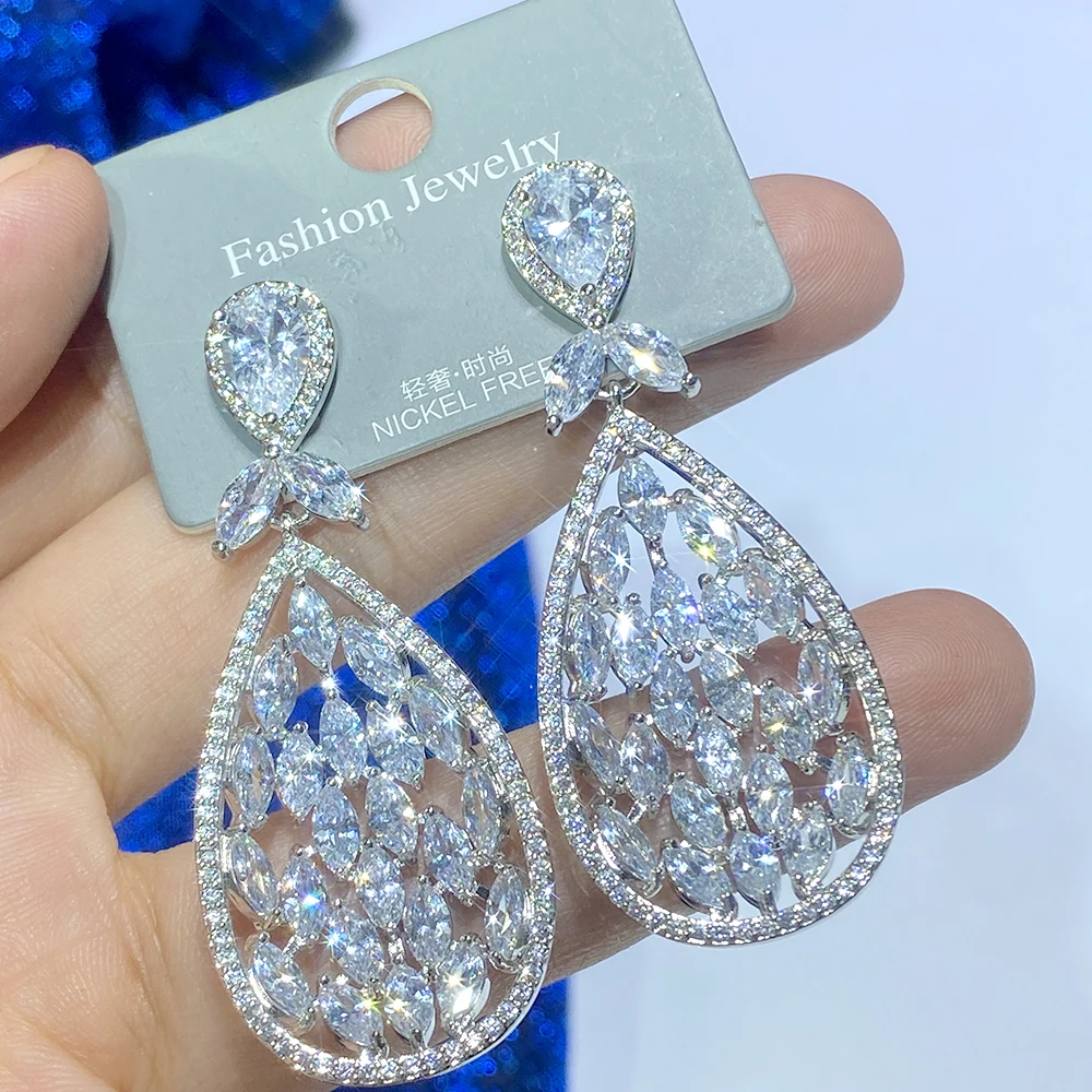 

Luxury White Color Wedding Dress Party CZ Long Big Drop Earrings for Women Fashion Costume Jewelry Bridal Accessories E0159