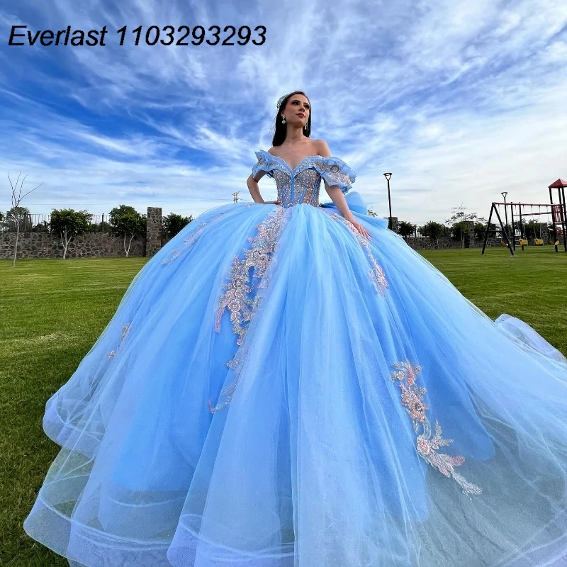 

EVLAST Sparkly Blue Quinceanera Dress Ball Gown Lace Applique Beading Crystals Mexican Corset Sweet 16 Vestido De 15 Anos TQD319