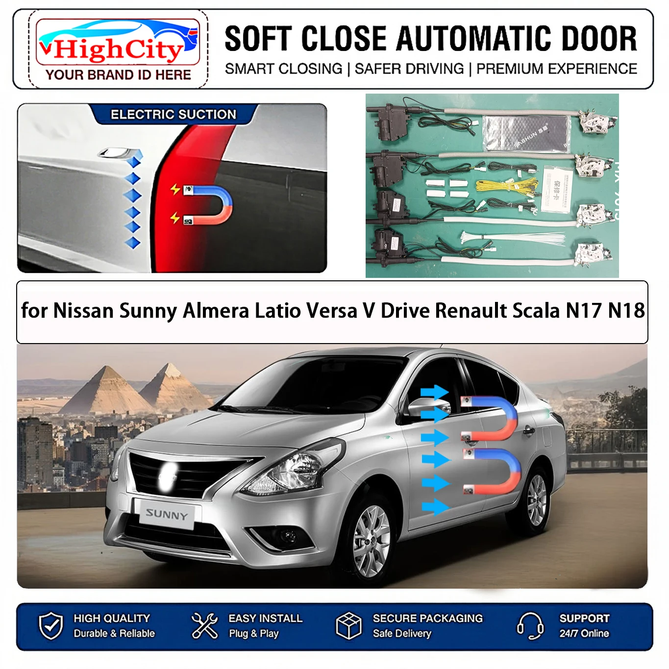 for Nissan Sunny Almera Latio Versa V Drive Renault Scala N17 N18 Electric Suction Soft Close Door Kit Anti Pinch Latch Silent
