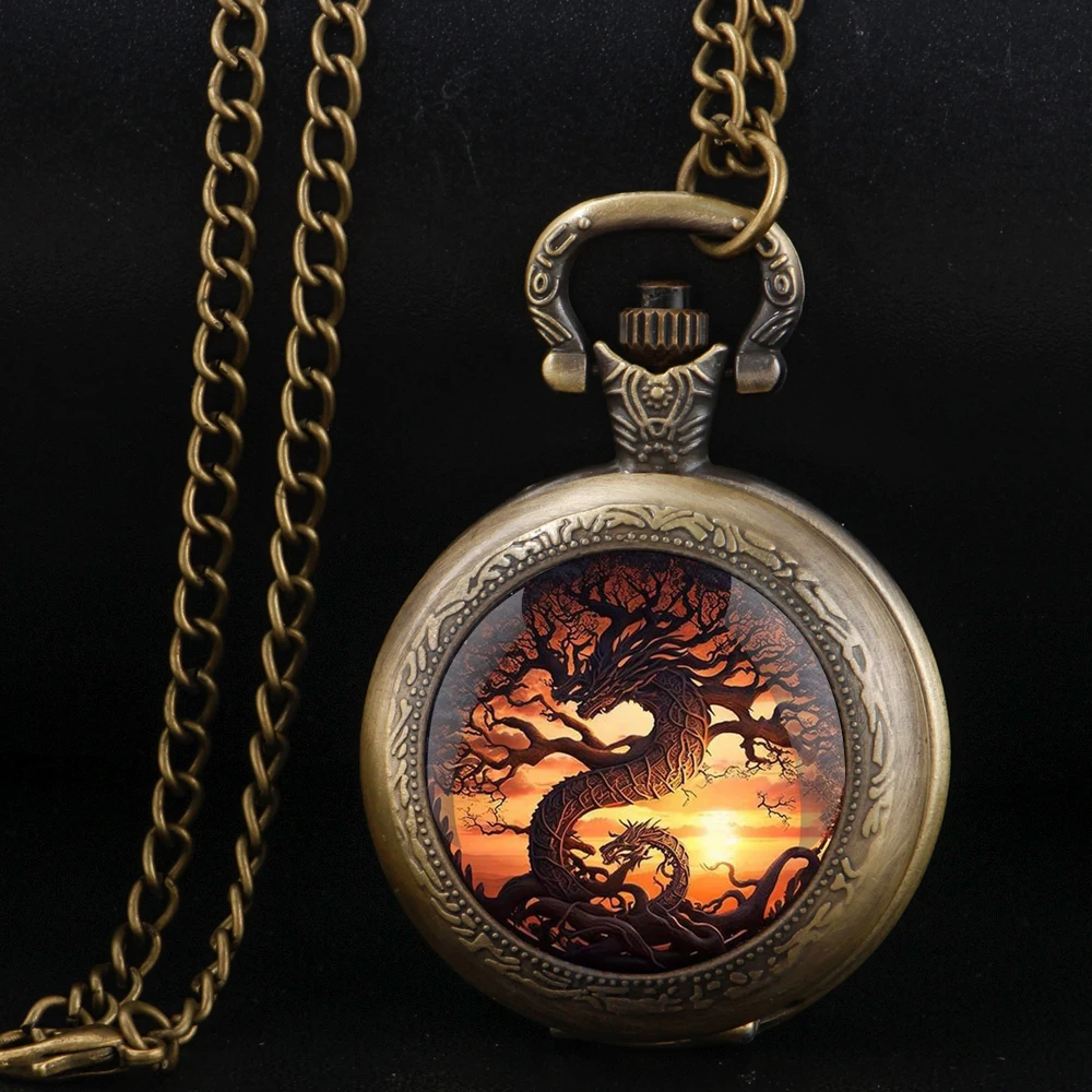 

Tree of Live Dragon Glass Dome Vintage Quartz Pocket Watch Men Women Pendant Necklace Chain Clock Hours Watch Kids Jewelry Gifts