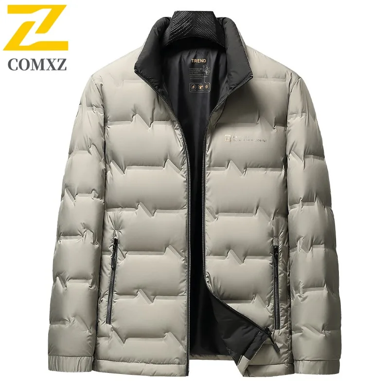 COMXZ Mens Short Down Jacket Premium Stand Collar Outdoor Cycling Lightweight Parka Solid Color Camping Warm Winter Garment