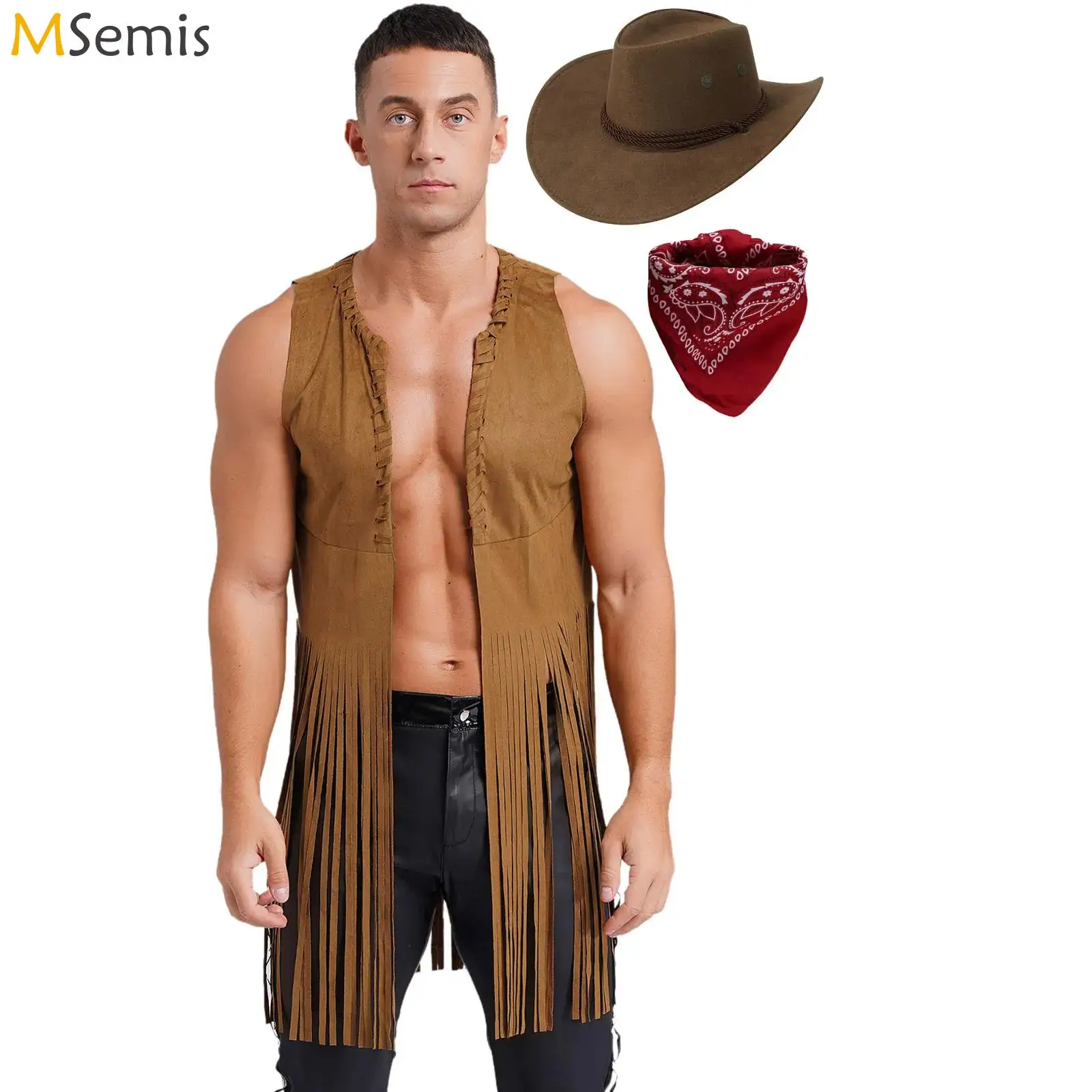 

Mens Cosplay Costumes Western Cowboy Long Waistcoat Sun Hat and Print Bandanna 3pcs Suit for Halloween Travel Adventure Clothing