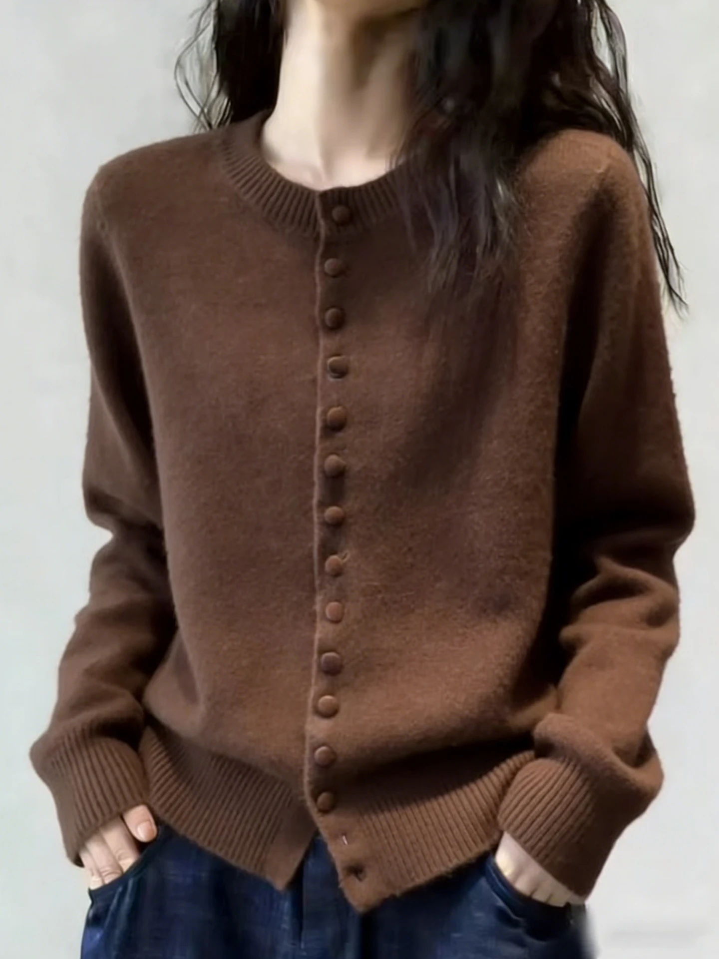 

Elegant Soft Long Sleeve round Neck Knitted Sweater Coffee Color Spring Lazy Style Quality Shirt for Women Casual Chic Top