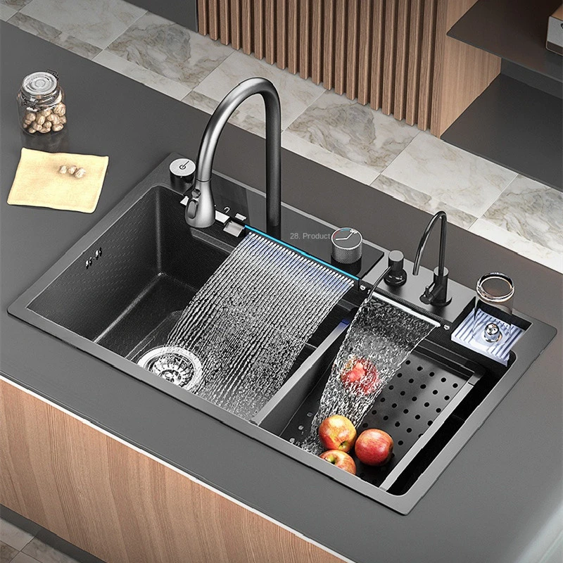 

New Waterfall Kitchen Sink Stainless Steel Digital Display Large Single-Slot Multifunctional Kitchen Sinks with Two Waterfall