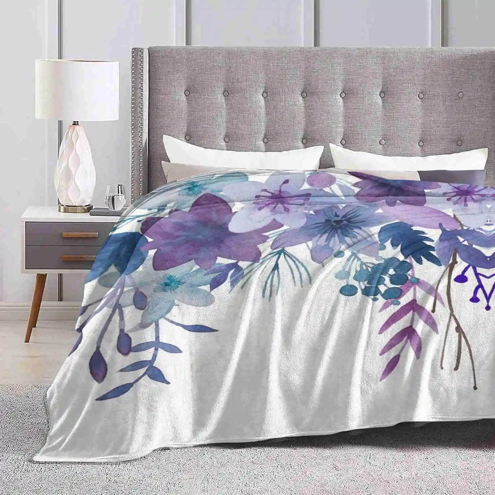 Blue Purple Flowers For Home Sofa Bed Camping Car Plane Travel Portable Blanket Watercolor Floral Bouquet Modern Wild Aquarel