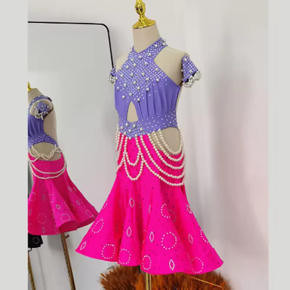 Robes de danse latine en perles scintillantes pour filles, tenue de compétition professionnelle, dos ouvert, col licou, robe de spectacle, vêtements de scène Samba yk