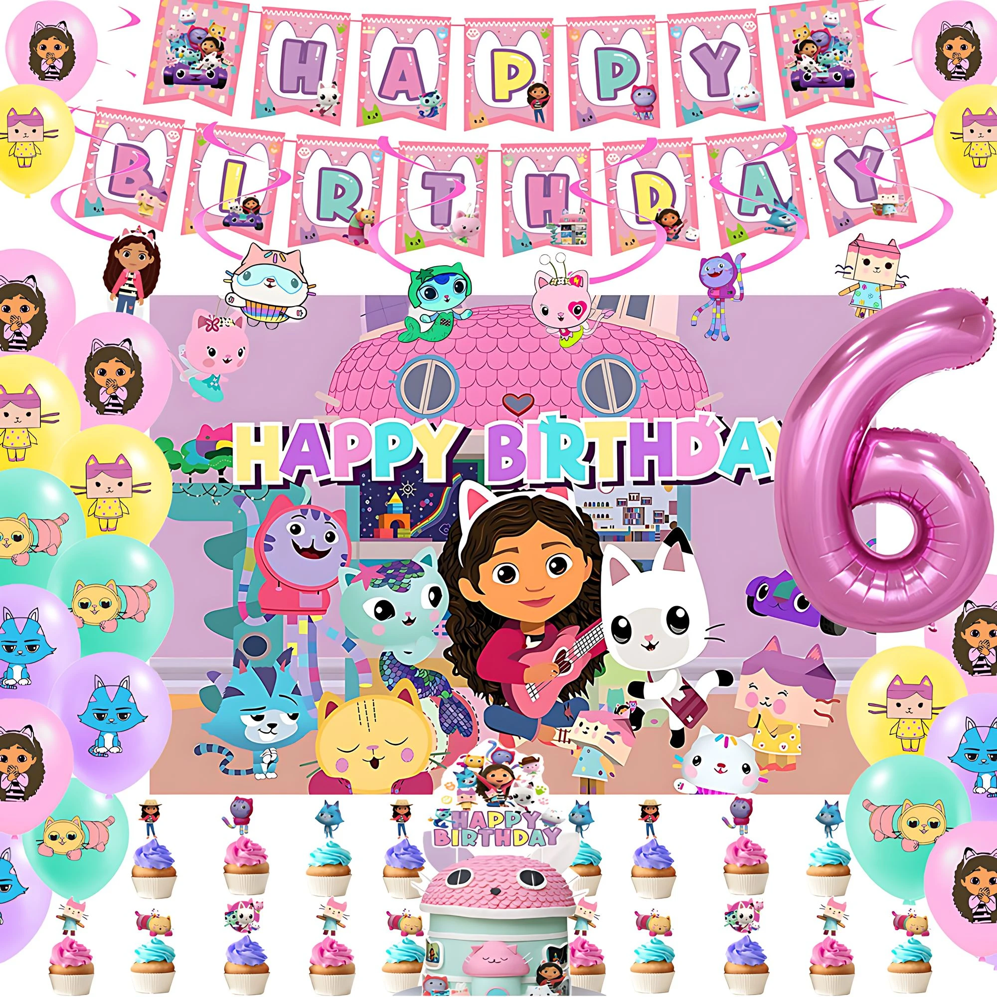 

Cartoon G-Gabby’s Doll house Girls 5th Birthday Party Balloon Birthday Flag Background Cake Topper Baby Party Decoration Supplie