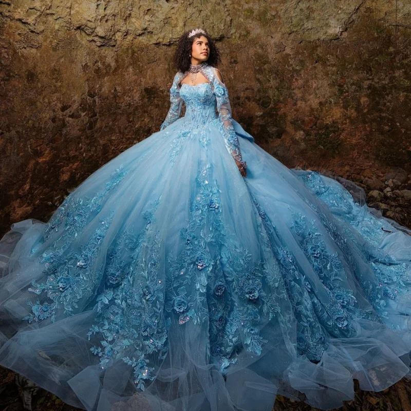 

Sky Blue Shiny Quinceanera Dresses Ball Gown Off The Shoulder Applique Lace Beading Crystal Bow Tull Party Birthday Sweet 16