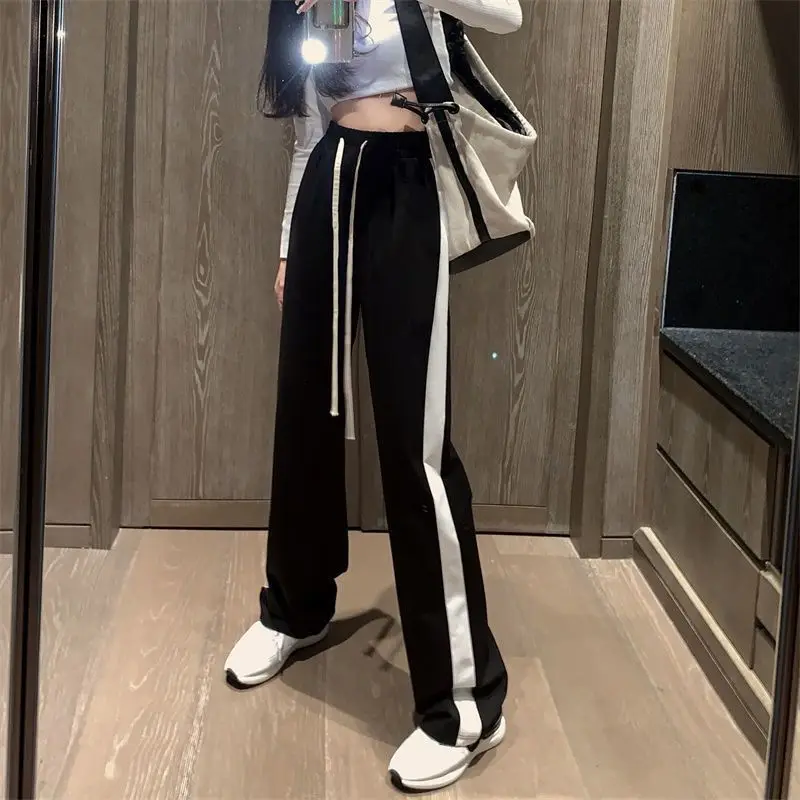 Imagem -02 - Tendência Coreana Cordão de Cintura Alta Sweatpants Femme Casual Primavera Outono Lado Listra Retalhos Bolsos Solto Perna Larga