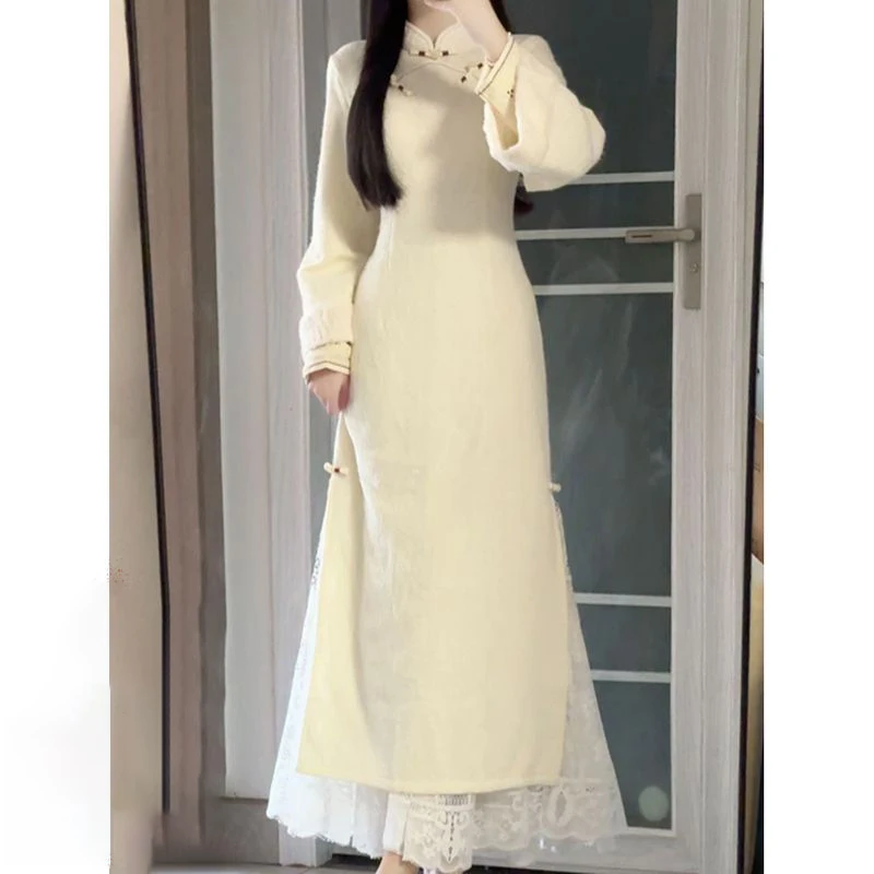 

Утолщенное улучшенное Cheongsam на флисовой подкладке в китайском стиле для молодых девушек, осенне-зимнее элегантное платье с длинными рукавами для повседневной носки