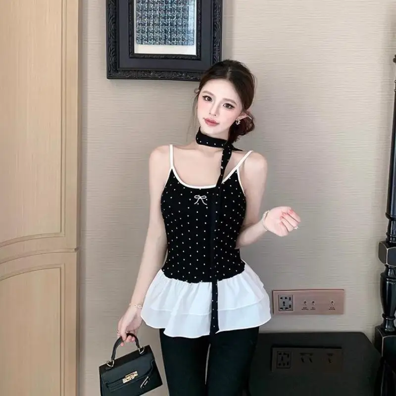 {MAX-66} Women Summer Sweet Polka Dot Layered Ruffle Hem Sweet Blouse Tank Tops With Neck Tie And Bra Pad Slim Backless