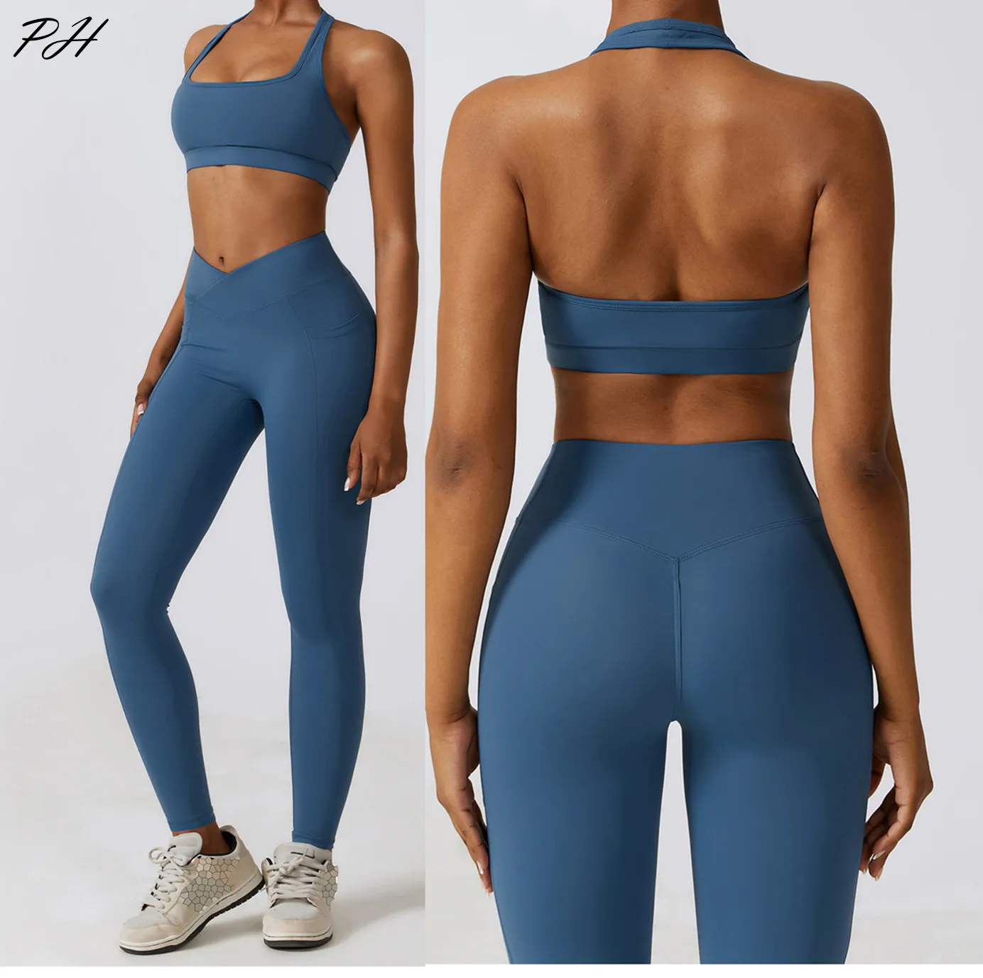 Nude Yoga Set Women Gym Sportswear Sexy Halter Beauty Back Sports Bra Cross V Waist Leggings Comfort Running Leisure Sport Suits