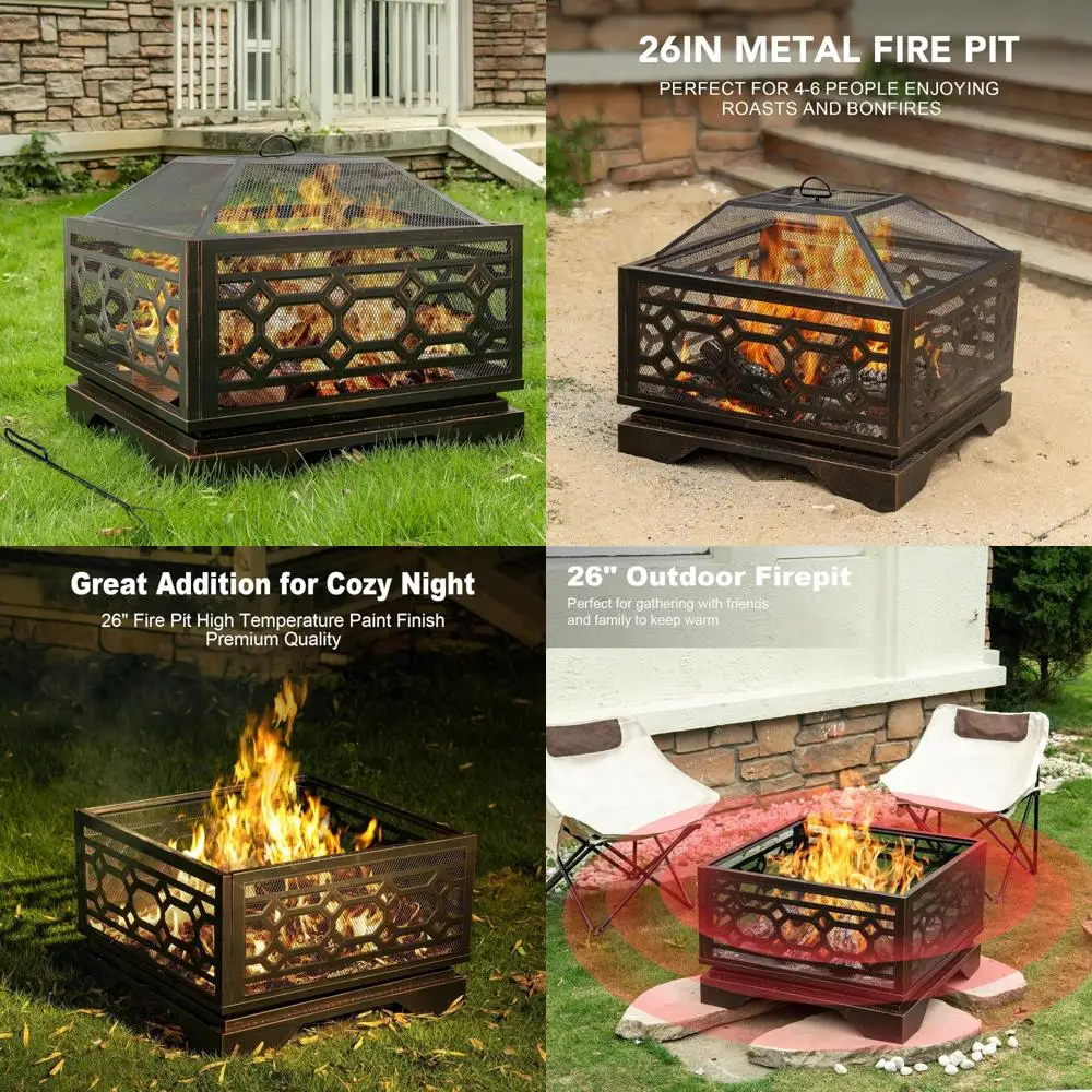 

Large Square Outdoor Wood Burning Fire Pit with Mesh Cover and Fire Poker, 26 Inch Patio Fireplace for Backyard Gatherings