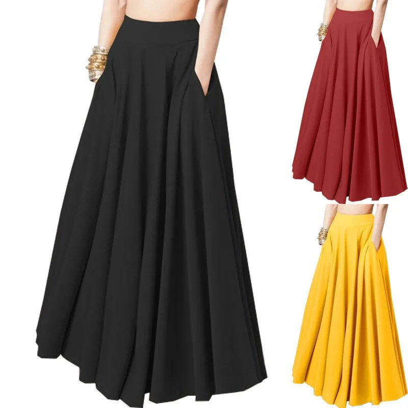 Women's Solid Color Skirt High Waist Black Pleated Skirt Casual Pocket Maxi Long Skirt Wide Leg Red Midi Skirt A Line Yellow
