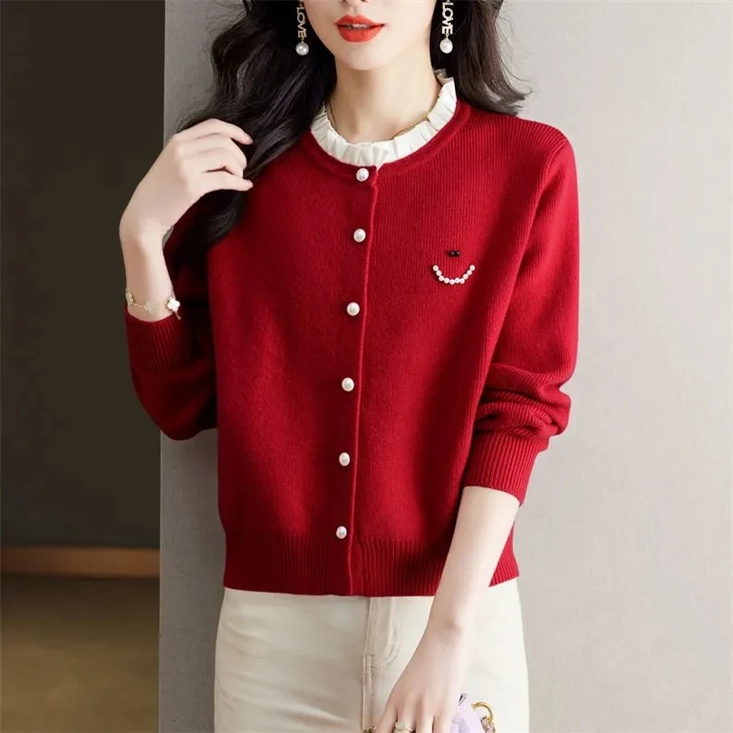 Korean Temperament Simple Fashion Sweater Cardigan Women's Solid Wood Ear Edge Round Neck Button Beading Knitted Long Sleeve Top