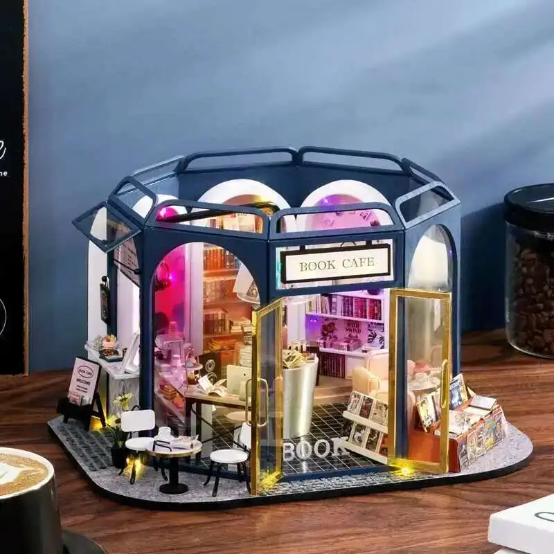

DIY Wooden Miniature Building Kits Coffee Store Casa with Led Light Assembled Dollhouse Bookshelf Home Decoration Friends Gifts