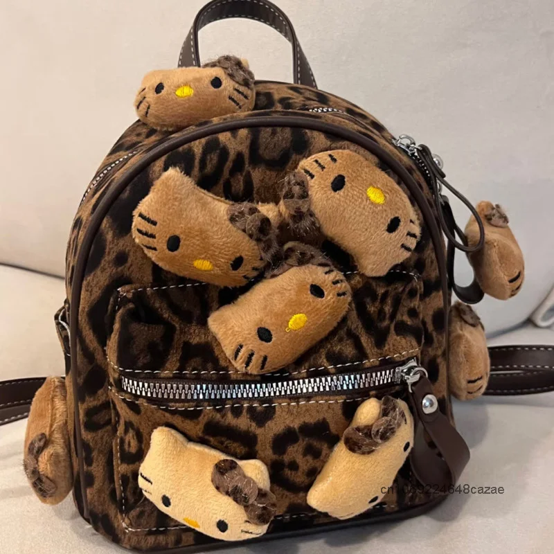 Hello Kitty Leopard Pattern Mini Shoulders Bag Simple Vintage Y2K Millennium Hot Girl Backpack Korean Version Fashion Backpack ﻿