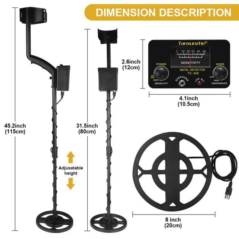 TC-200 Underground Metal Detector Outdoor Search Metal Detector Treasure Hunting Adjustable Tracker for Treasure Search