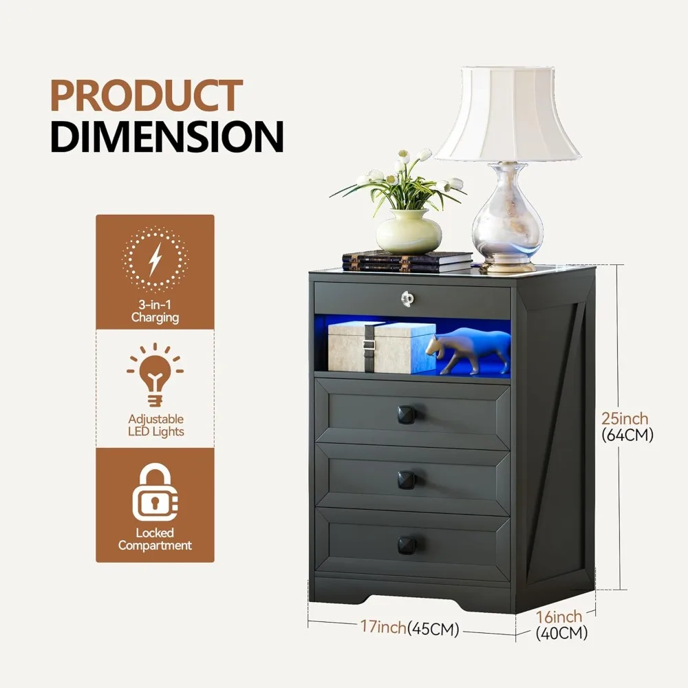 隠し引き出し付きLEDナイトスタンド、充電ステーション付きロック可能なナイトスタンド、自動センサーライト付きベッドサイドテーブル、寝室、グレー