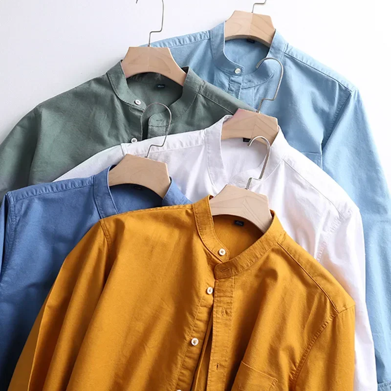 

Men's Pure Cotton Long-sleeved Shirt Spring Yellow Stand-up Collar Casual Top Men's Solid Color Button-down Formal Shirt